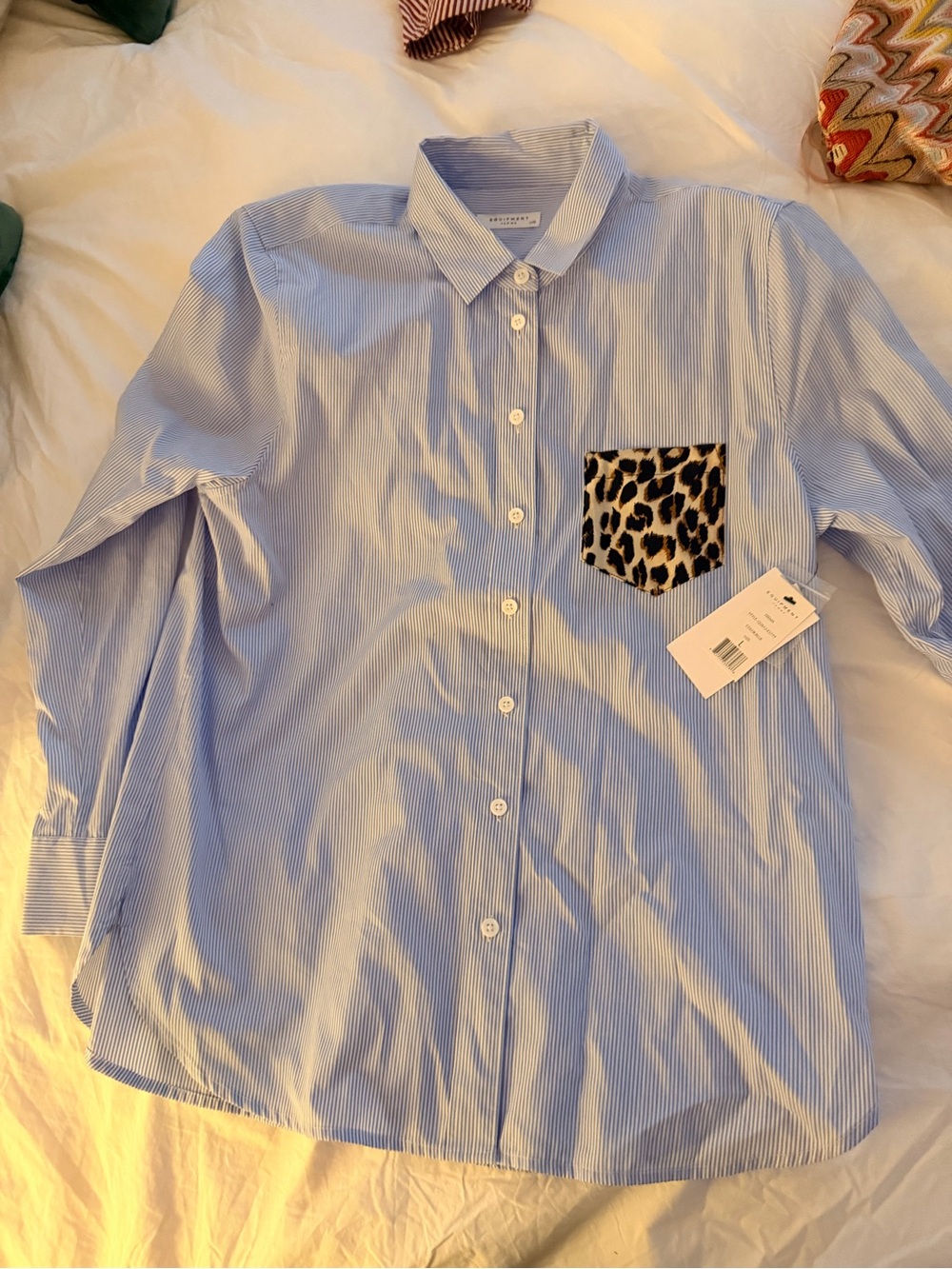 Equipment Light Blue & White Striped Shirt with Leopard Pocket
